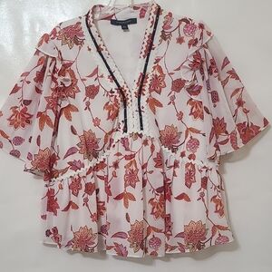 Mark New York Coral & White Floral V-Neck Ruffle Sleeve Top Blouse - Size XL